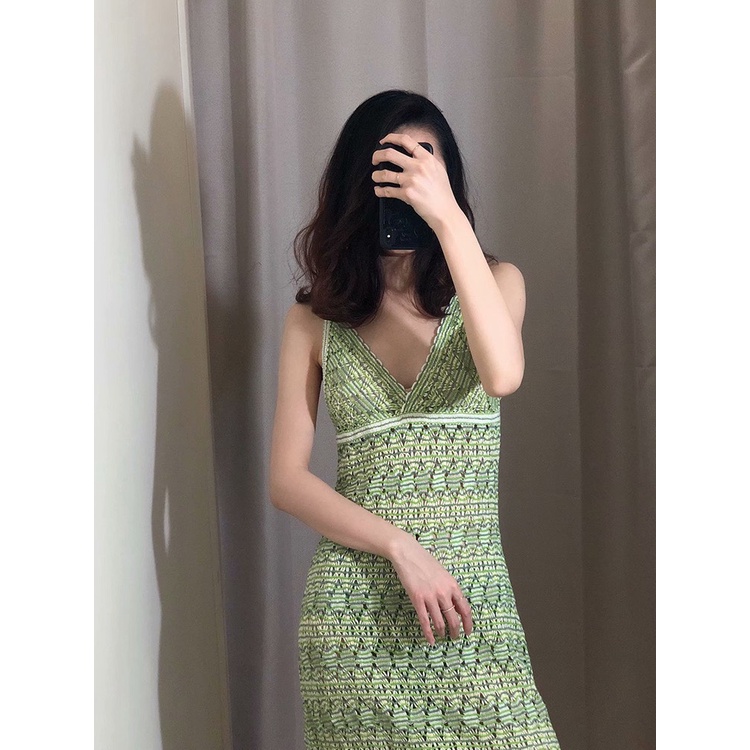 Đầm, váy maxi hai dây xanh đan len tua rua thời trang nữ mới nhất