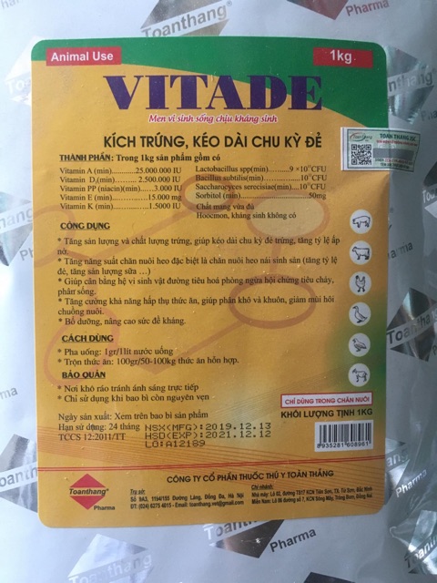 Thuốc thú y. VITADE 1kg men vi sinh sống chịu kháng sinh. Bổ sung ADE trên gà đẻ