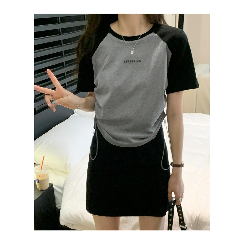 Áo Thun Tay Ngắn Cổ Tròn In Chữ Rút Dây Phong Cách Hàn Quốc Thời Trang Mới 63624