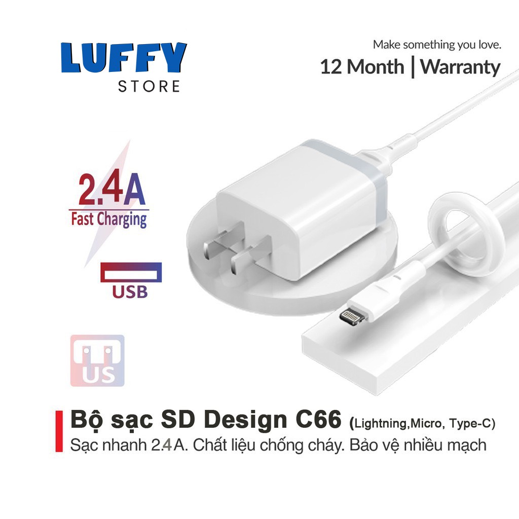 Bộ Củ + cáp sạc SD DESIGN C66 chính hãng sạc nhanh an toàn cho điện thoại Android,Iphone