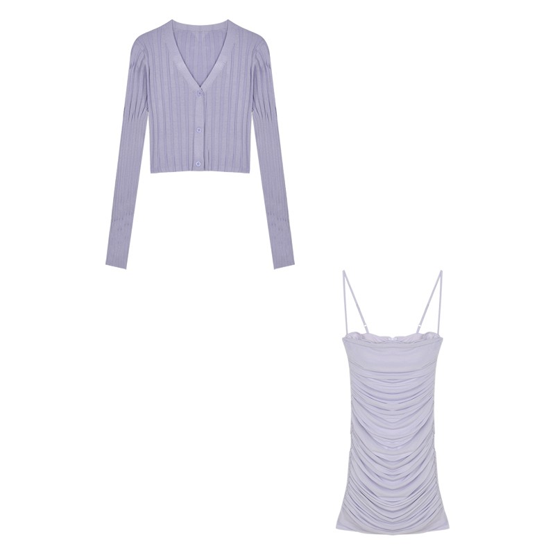 Set váy hai dây cúp ngực thun giãn phối voan nhăn nhún ôm body sexy+ Áo cardigan màu tím