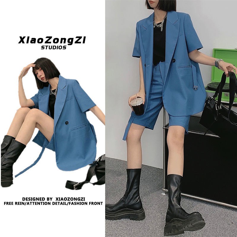 Set áo khoác vest tay ngắn + quần short dáng suông trẻ trung hợp thời trang cho bạn gái