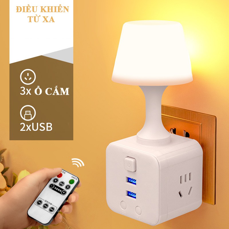 Đèn ngủ cao cấp , Đèn ngủ thông minh có điều khiển từ xa - 2 cổng USB – 3 ổ cắm – 10 cấp độ sáng.