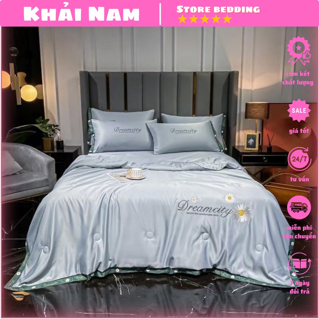 Bộ chăn ga gối lụa Dream city chăn trần hè mát lạnh , Set lụa phí bóng chăn hè mềm mịn nhập khẩu giá rẻ