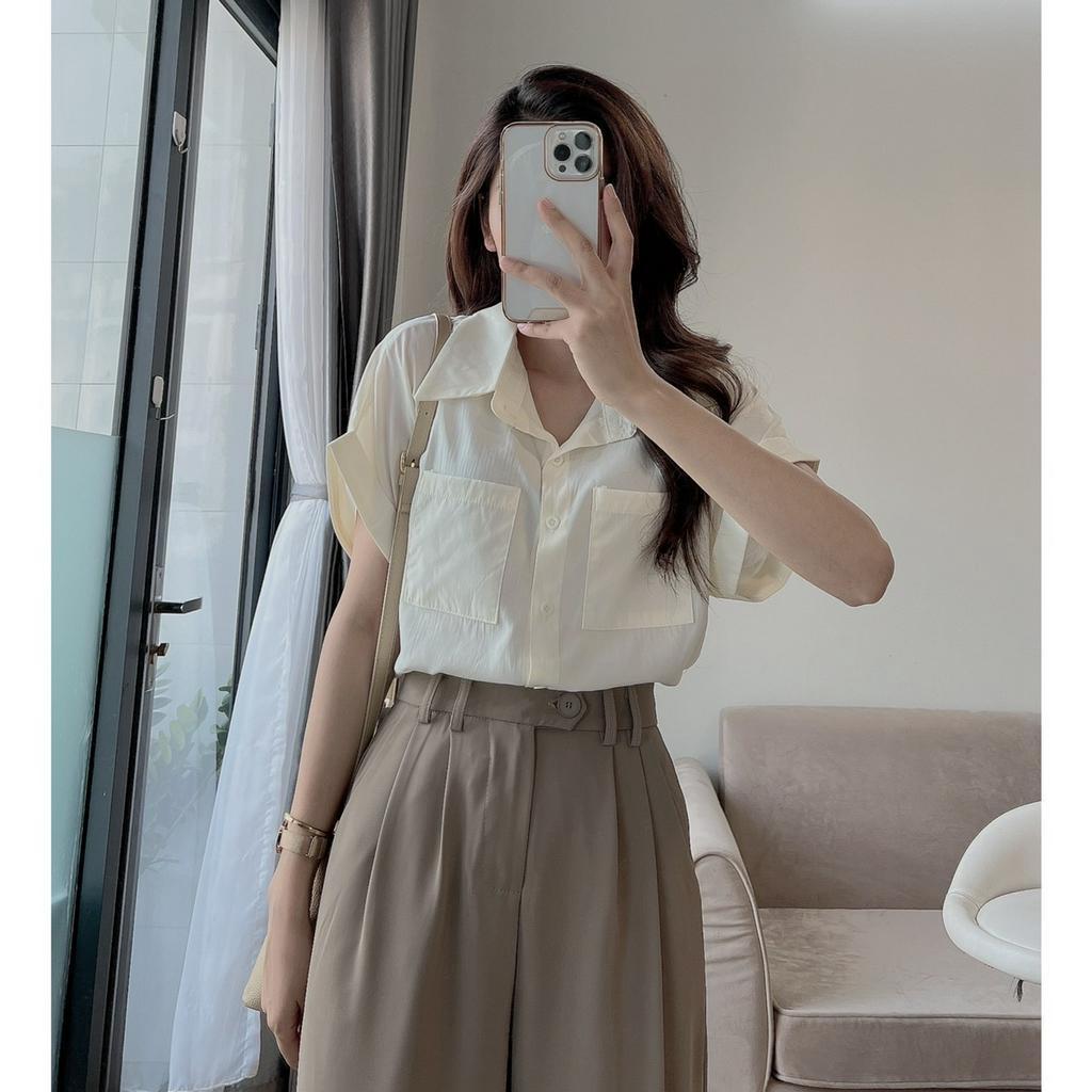Áo sơ mi nữ 2 túi ngắn tay xinh xắn sẵn