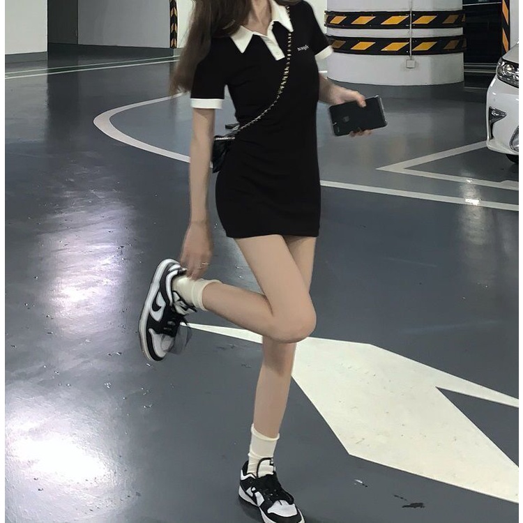 Váy Body Sexy Cổ Polo Màu Đen Ngắn Hàn Quốc Thời Trang Mùa Hè Váy Nữ