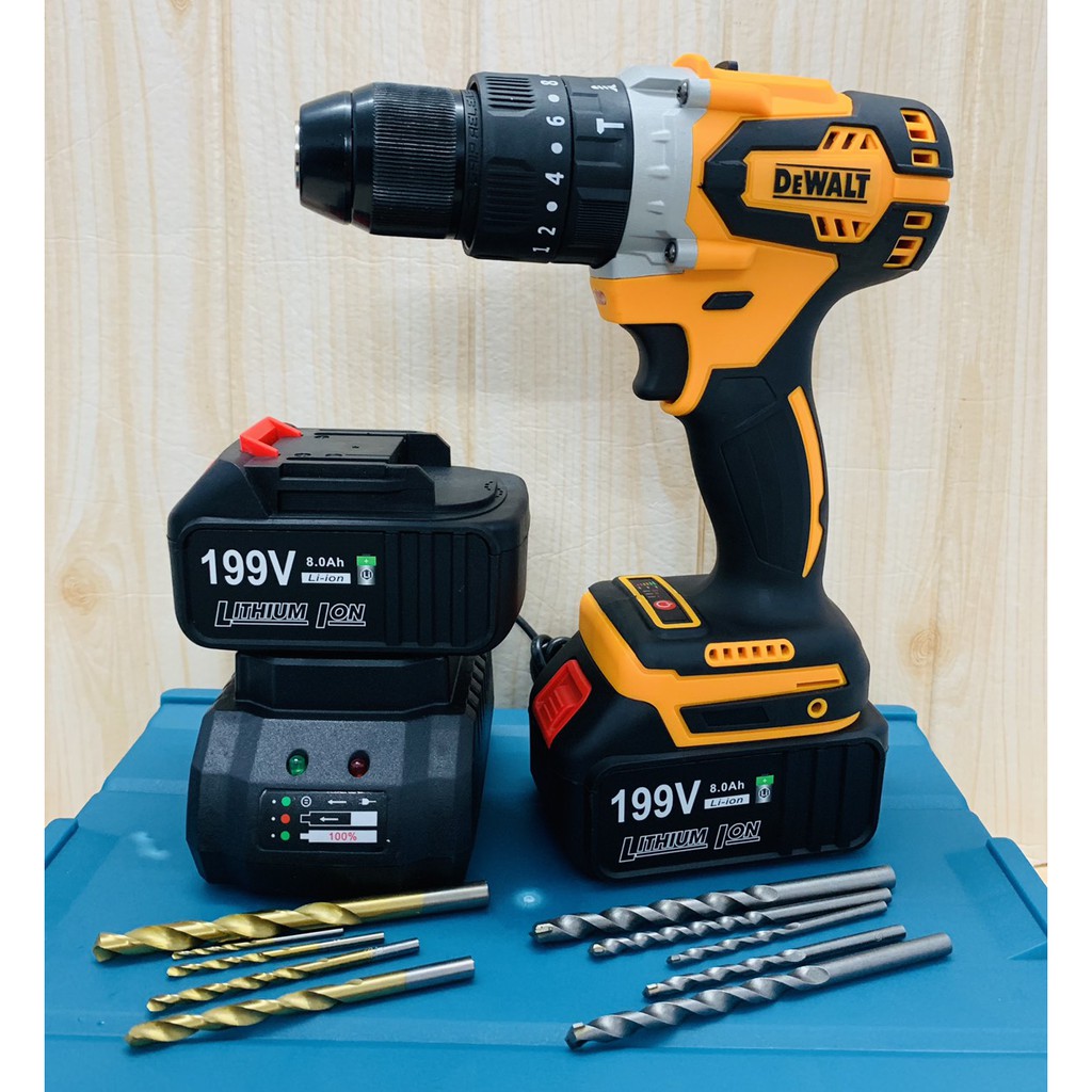 Máy khoan pin 199V Dewalt 3 chức năng có búa - Động cơ không chổi than siêu mạnh mẽ - Tặng kèm 10 mũi khoan cao cấp