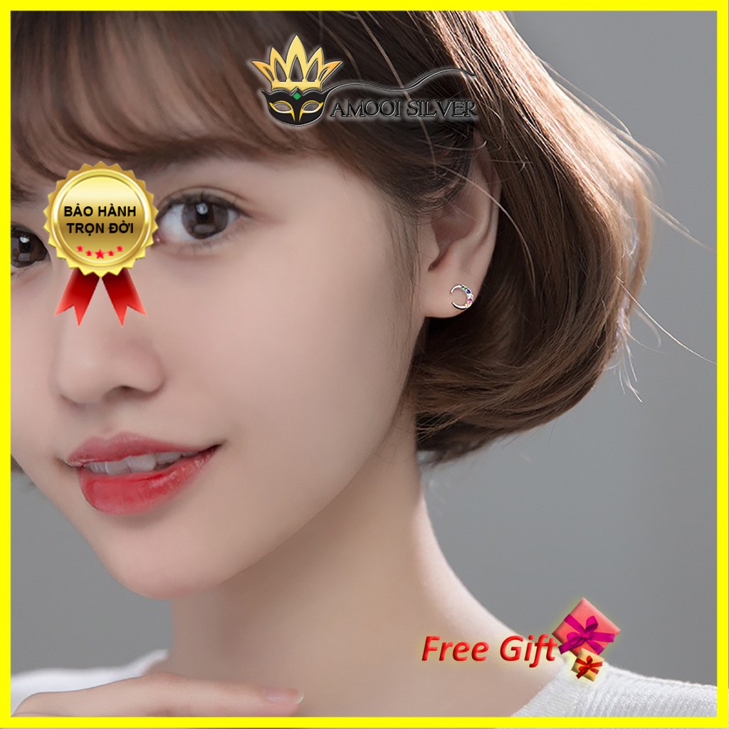 Bông tai bạc S925 mặt trăng đám mây đá ngũ sắc - Amooi Silver AB199