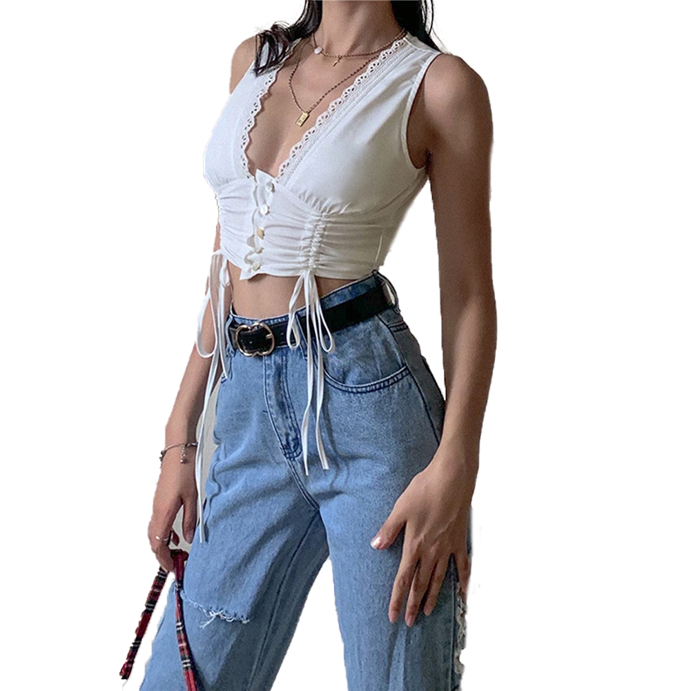Áo Thun Croptop Sát Nách Cổ Chữ V Gợi Cảm Thiết Kế Dây Rút Đơn Giản Thời Trang Cho Nữ