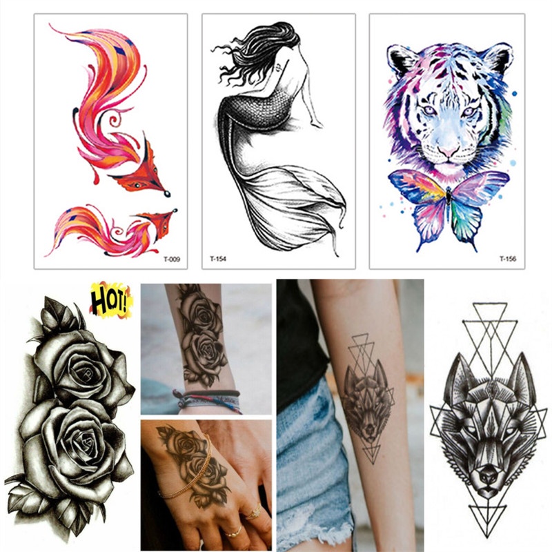 Hình xăm dán màu đen họa tiết hoa hồng đôi/ người cá/ bướm/ con cọp/ hình học/ động vật chống thấm nước