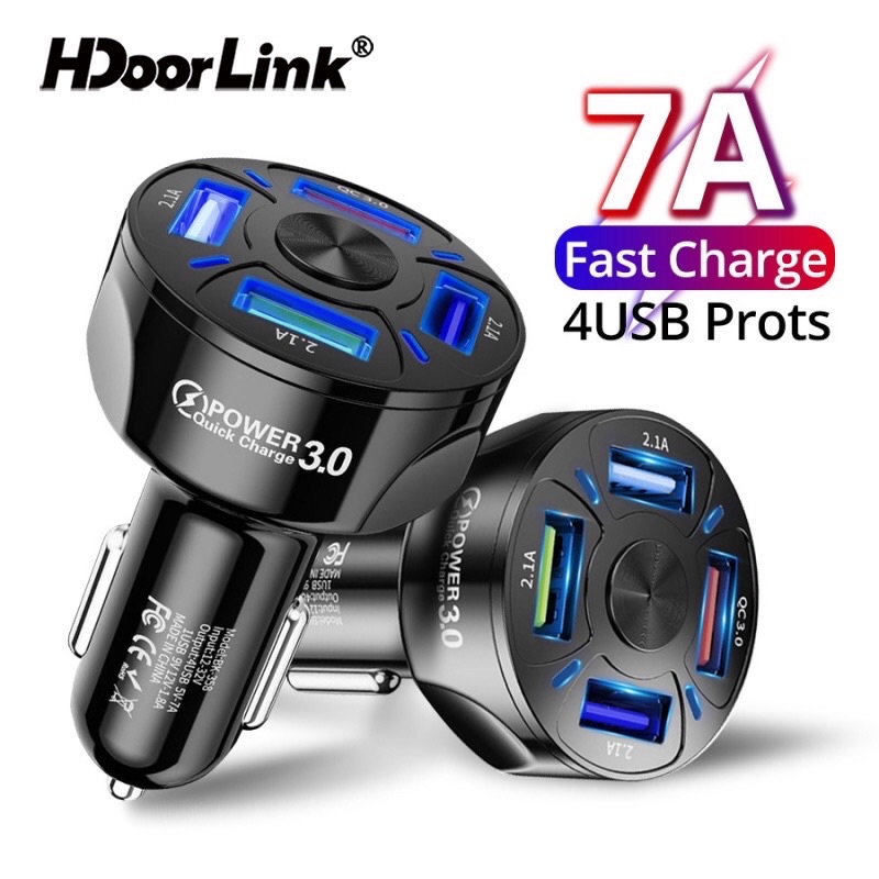 Tẩu sạc Ô tô 4 cổng USB, có 1 cổng sạc nhanh QC 3.0 dòng sạc lên đến 7A