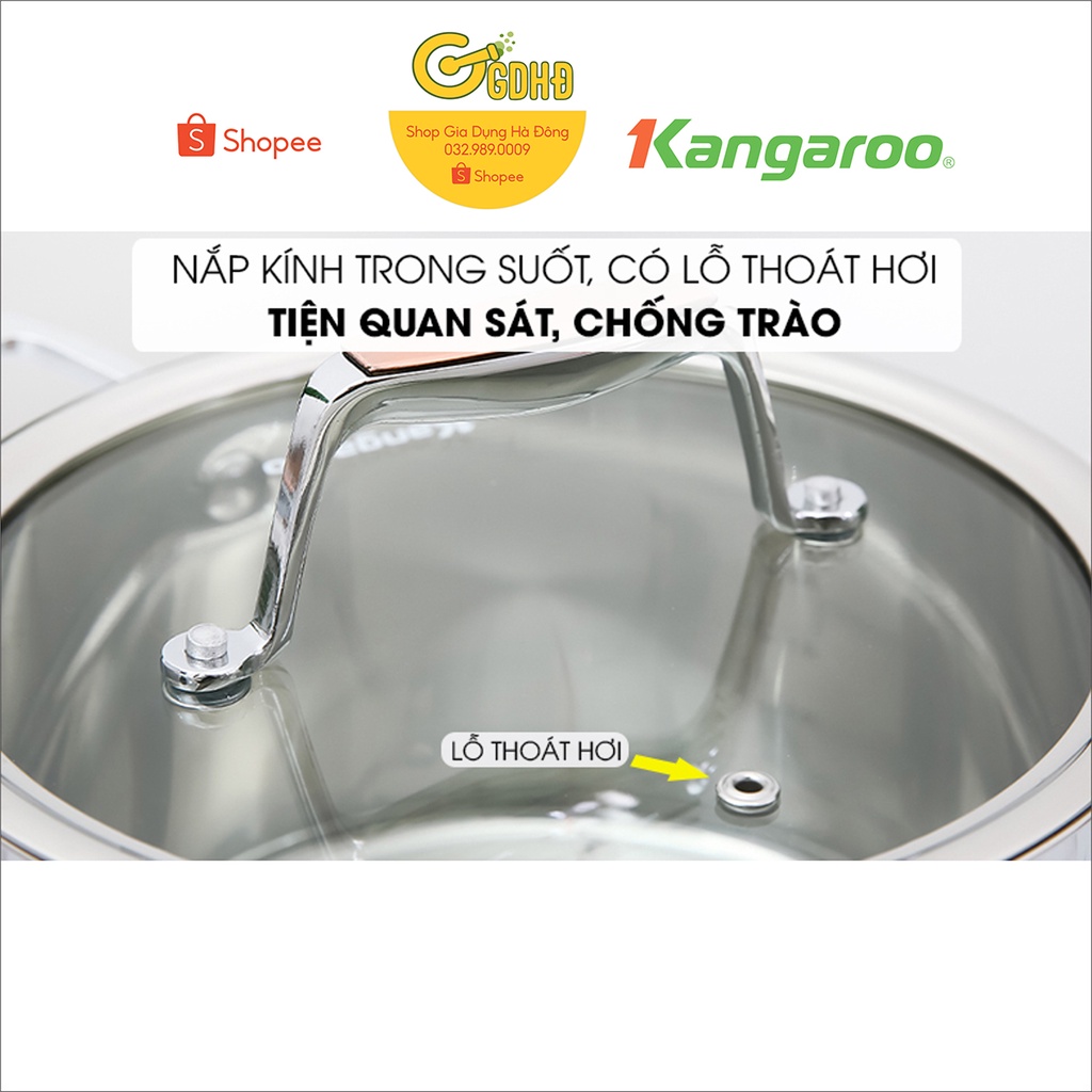 KG3CS222 - Nồi inox cao cấp 22cm  5 lớp kangaroo, quai inox đinh tán sáng bóng gắn siêu chắc, nồi có thang chia nước