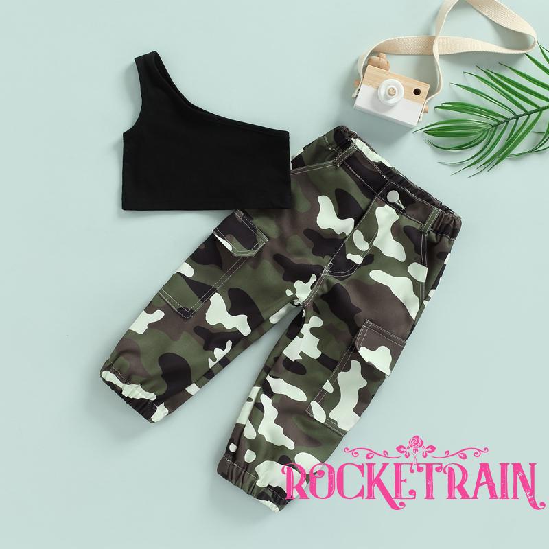 ◑Nc♧Set Áo Croptop Trễ Vai + Quần Dài Lưng Thun Họa Tiết Rằn Ri Thời Trang Cho Bé Gái