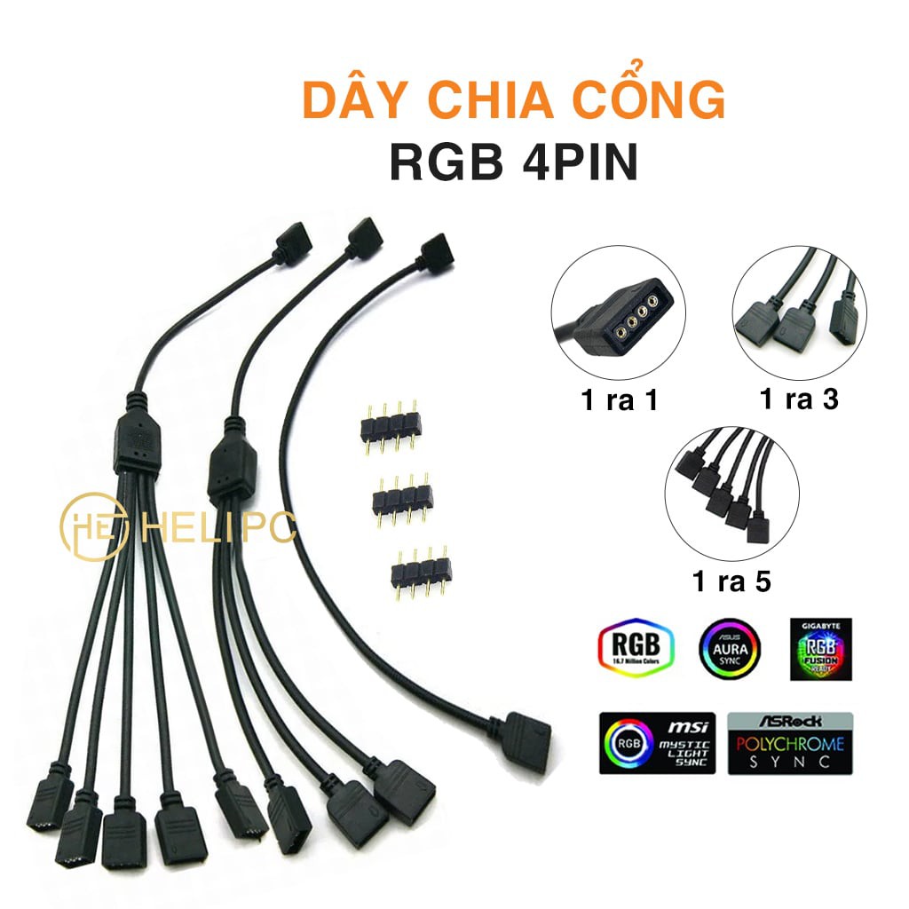 Dây chia RGB 12V 4 PIN loại 1 ra 1/ 3/ 5 kèm jump 2 đầu đực tương ứng với đầu chia