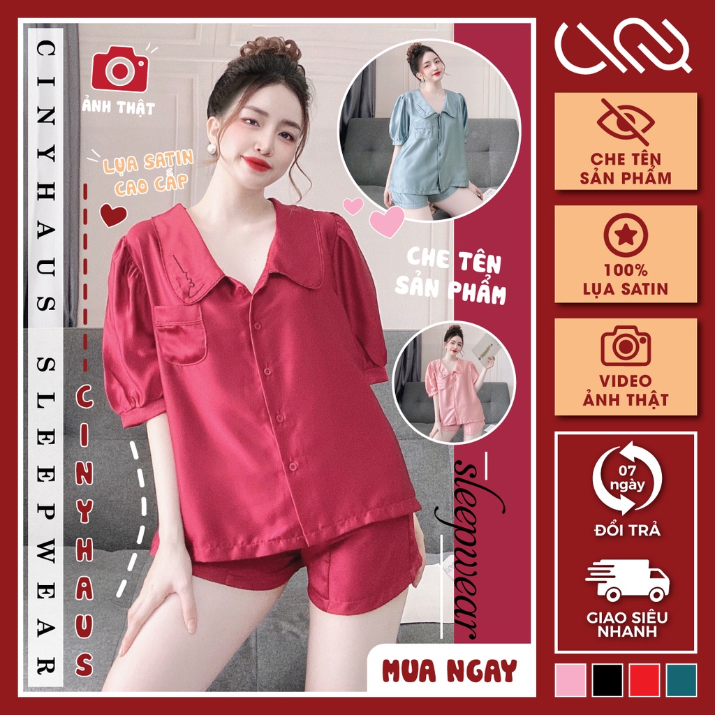 Đồ Ngủ Tiểu Tthư Tay Ngắn Cổ Thêu Chất Liệu Lụa Satin Cao Cấp Mềm Mịn Freesize 40-60kg - CN038 CINY