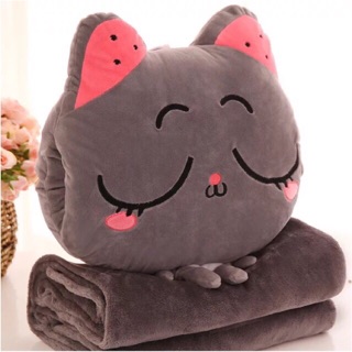 Bộ chăn gối ngủ văn phòng đa năng 3in1 cao cấp kèm đút tay mèo xám ngủ