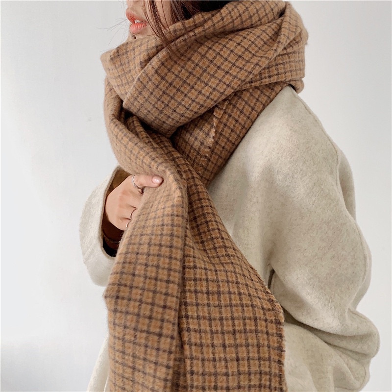 Khăn Quàng Cổ Kẻ Caro Nhỏ Nâu Đen Vintage Unisex Nam Nữ Siêu Rộng