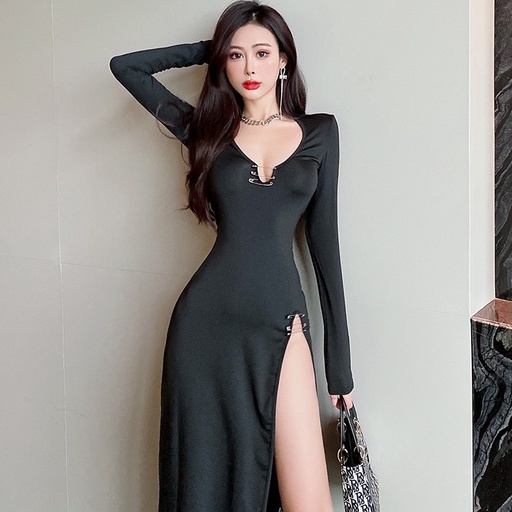 Đầm Ôm Tay Dài Cổ Chữ V Xẻ Sâu Gợi Cảm Cho Nữ A1276 ZH9C