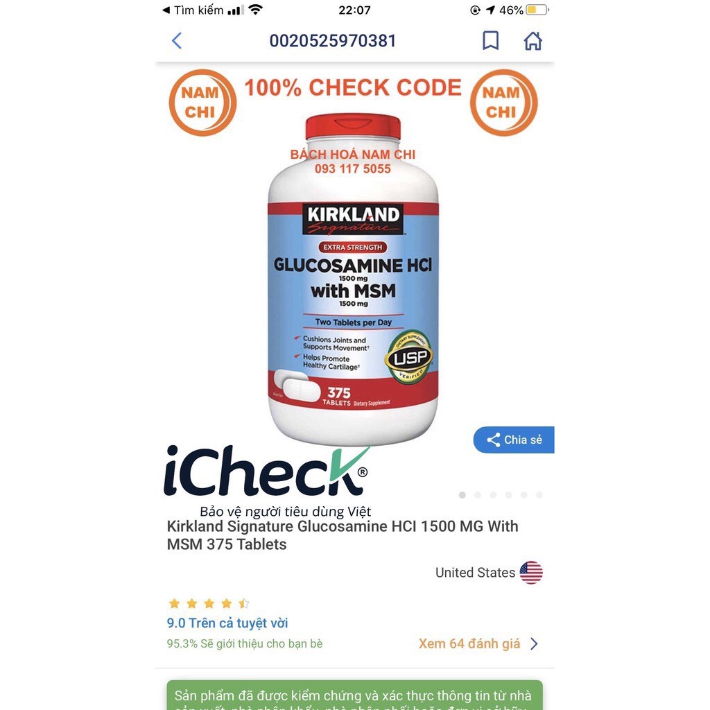 Viên Uống Kirkland Signature Glucosamine HCI 1500mg With MSM Giảm Đau Và Nuôi Dưỡng Xương Khớp
