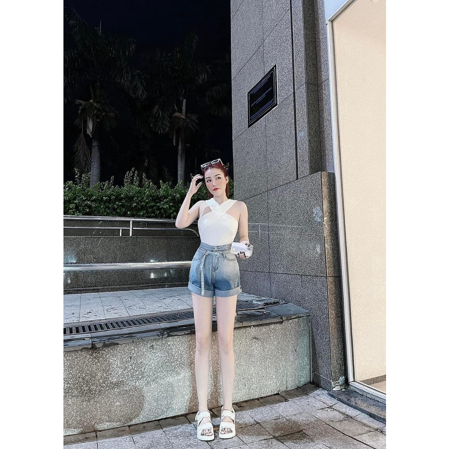 quần short jean gập gấu,hack dáng,lưng cao có dây buộc