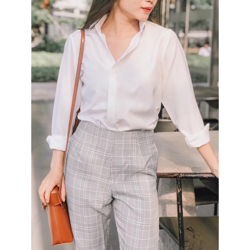 Áo sơ mi nữ giấu khuy trắng tinh dài tay chất mềm mịn chống nhăn nẹp ẩn giấu cúc đi học, đi làm trắng , xanh nhạt PURATO | BigBuy360 - bigbuy360.vn