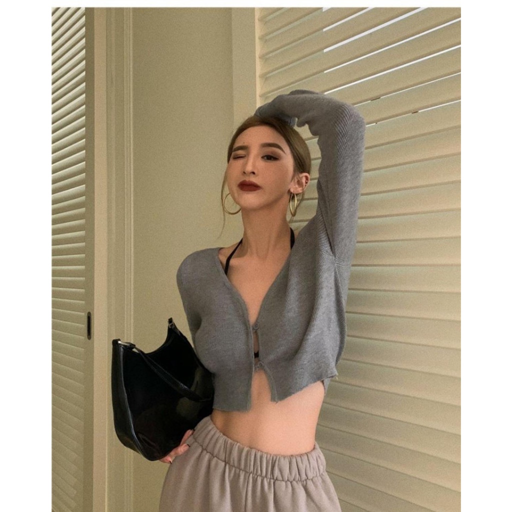 Áo len COZOKC tay dài cổ chữ V dáng ôm khóa kéo thời trang cho nữ