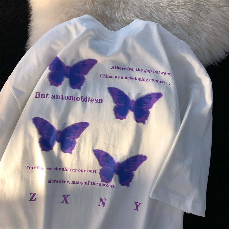 Áo thun ZHELIHANGFEI tay ngắn cổ tròn dáng rộng in hình bướm dễ phối đồ