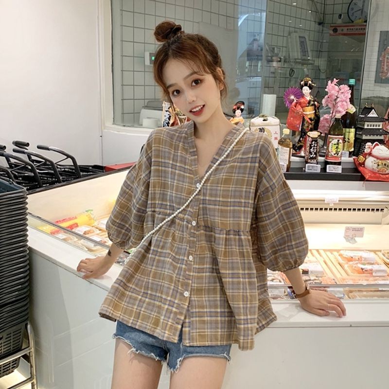 Áo sơ mi kẻ babydoll phong cách tiểu thư công chúa ulzzang hàng Quảng Châu - Có ảnh thật