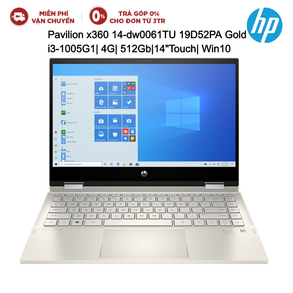 Laptop HP Pavilion x360 14-dw0061TU 19D52PA Gold i3-1005G1| 4G| 512Gb|14"Touch| Win10