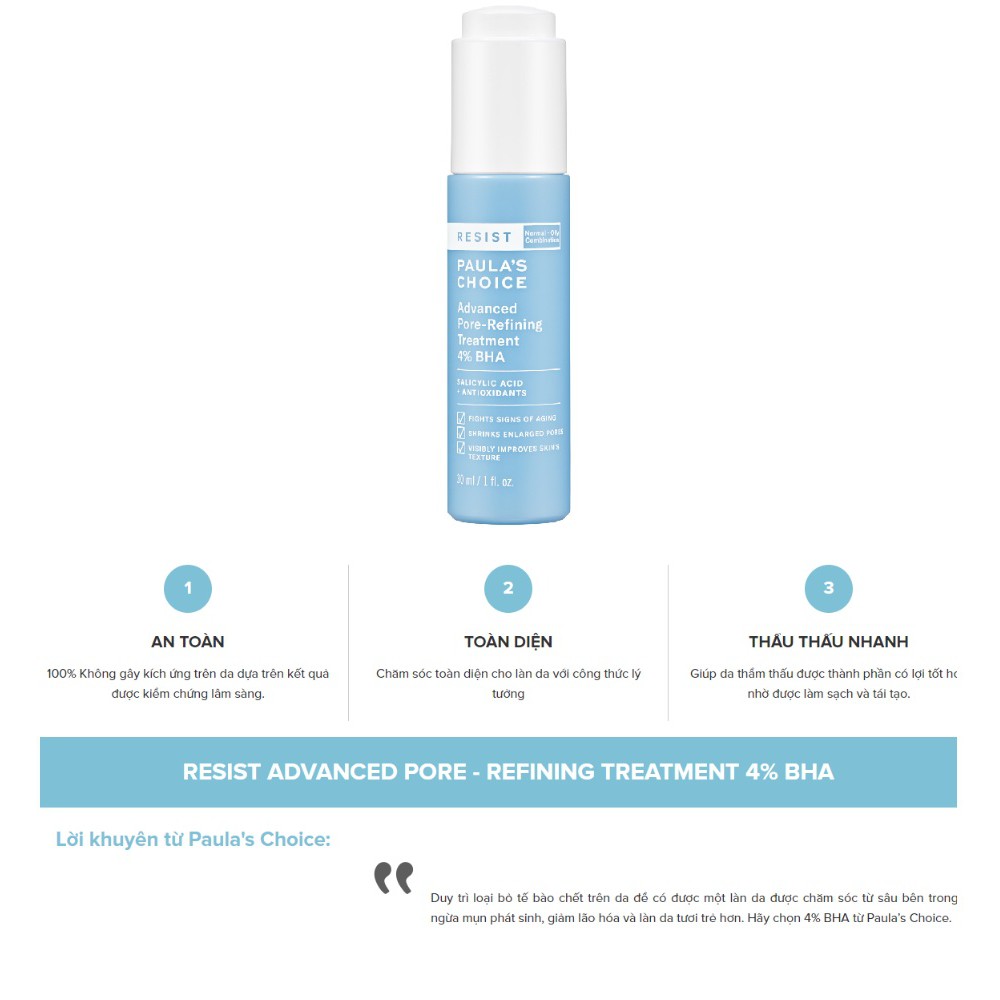 Paulas Choice 4% BHA Serum tái tạo &amp; phục hồi da mụn, lão hóa - Paula's Choice Resist Advanced Pore Refining Treatment