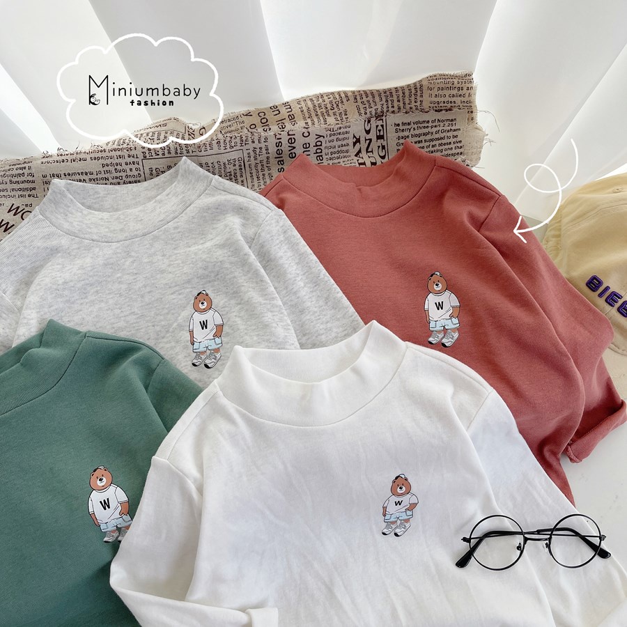 Áo dài tay thu đông thêu gấu cho bé gái/trai chất liệu 100% cotton cao cấp, quần áo trẻ em miniumbabyfashion  A1293