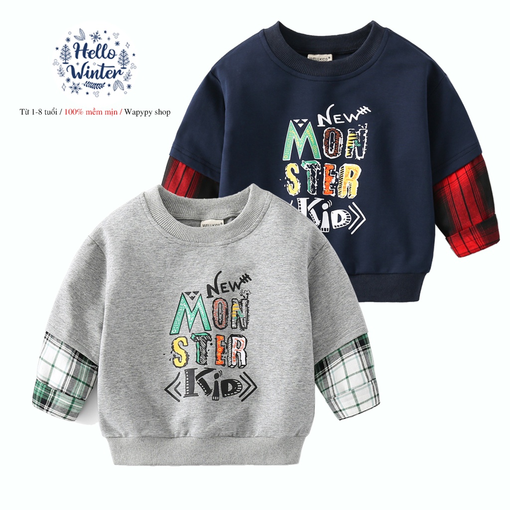 Áo nỉ cho bé WELLKIDS áo nỉ dài tay chất da cá họa tiết hàng xuất Âu Mỹ 2022