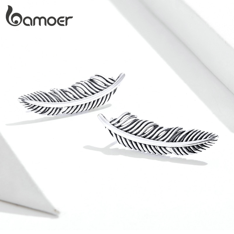 Đôi Bông Tai Bamoer SCE865 Kiểu Dáng Lông Vũ Phong Cách Cổ Điển Thời Trang