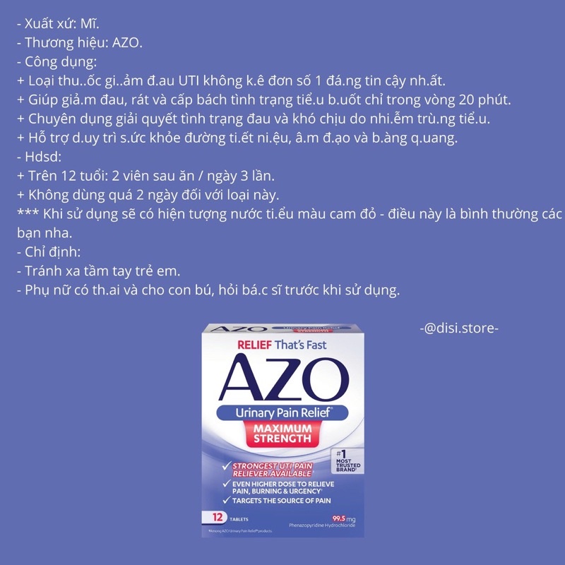 Bill mỹ_có sẵn azo xanh urinary pain relief 24 viên - ảnh sản phẩm 1