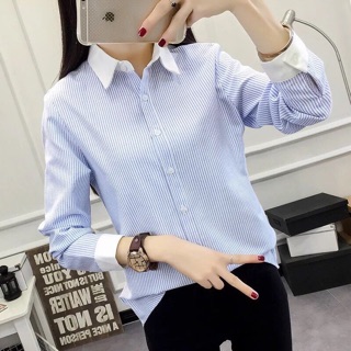 Áo sơ mi sọc viền trắng