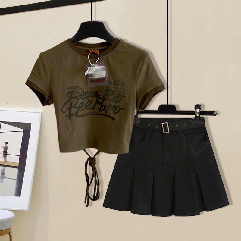 Set Áo Thun Ngắn Tay Plus Size + Chân Váy Xếp Ly Phong Cách Hàn Quốc Thời Trang Mùa Hè 2022