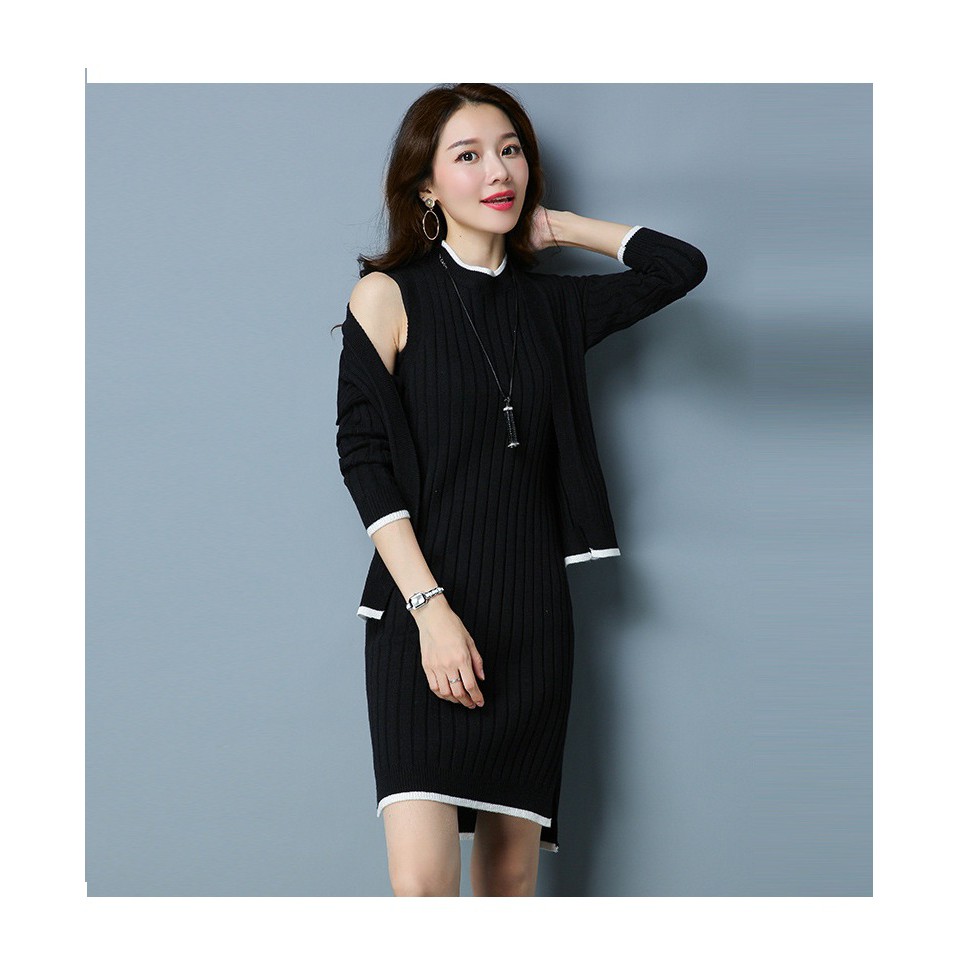 Set váy đầm len kèm áo khoác cardigan cao cấp, duyên dáng, sang trọng