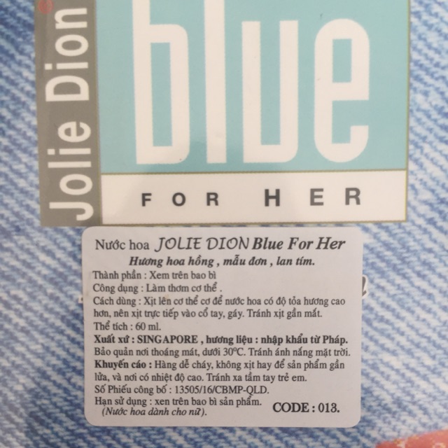 Nước hoa nữ Jolie Dion blue for her 60ml. Phân phối hàng chính hãng