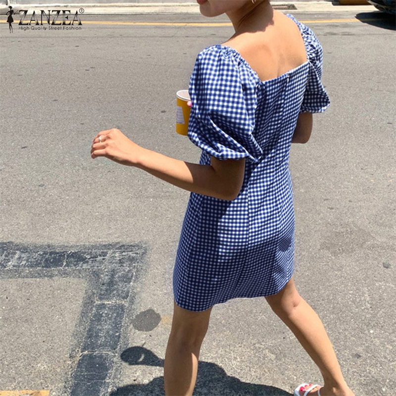 ZANZEA Women Off Shouder Plaid Elastic Cuff Square Collar Casual Mini Dress
