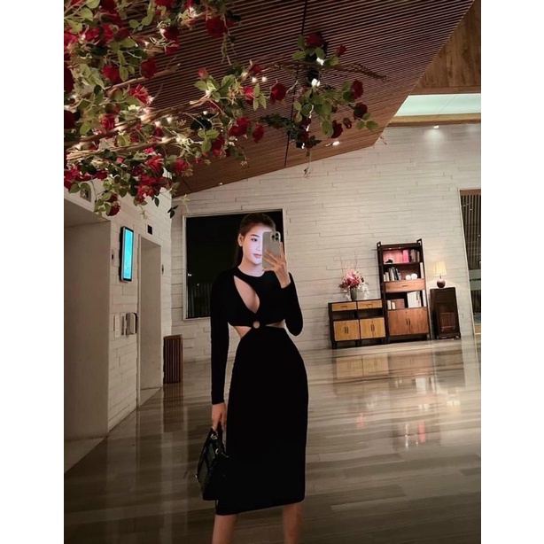 ĐẦM BODY KHOÉT NGực  XOẮN VÁY BODY MẶC 2 KIỂU TAY DÀI CHẤT LEN TĂM ALOHASHOP91