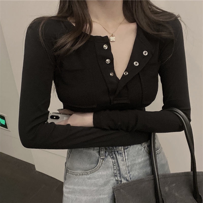 Áo thun COZOK tay dài cổ chữ V màu trơn đa năng