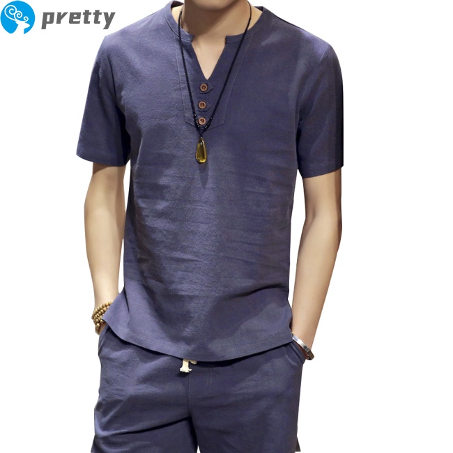 Jazeel Men T-shirt Cotton And Linen Solid Color Cotton V-neck Short-sleeve T-shirt