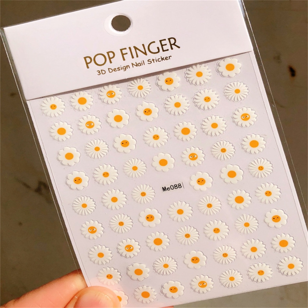 Miếng Dán Móng Tay Tự Dính Hình Hoa Hướng Dương 3D Màu Trắng Vàng Sống Động Cho Nữ