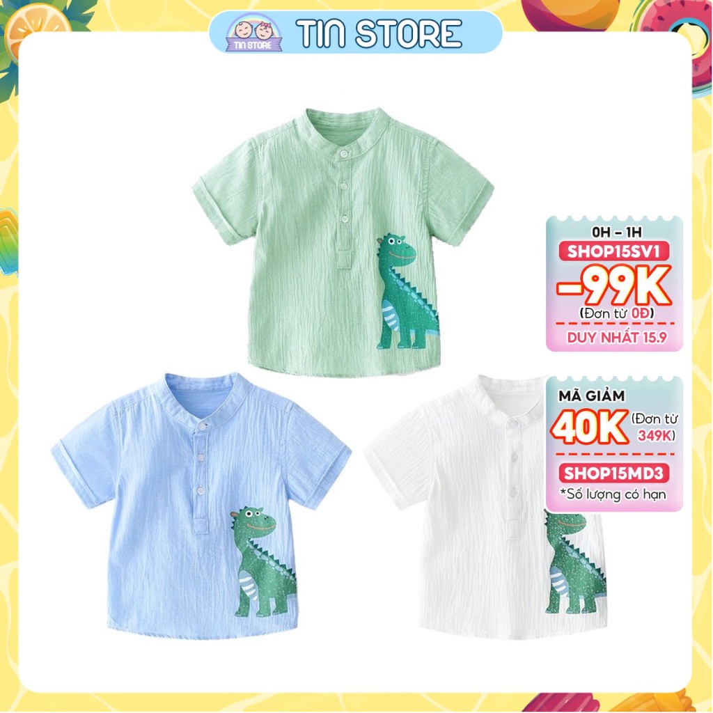 Áo Sơ Mi Cổ Tàu Họa Tiết Khủng Long Chất Đũi Cao Cấp Cho Bé Trai Và Bé Gái Từ 10Kg Đến 25Kg Thời Trang Trẻ Em Tin Store