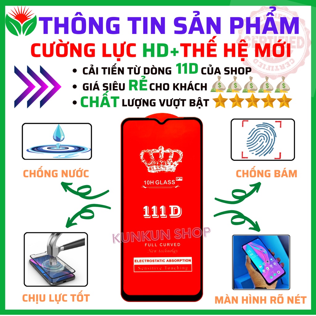 Kính cường lực Redmi 9/ 9A/ 9C/ 9T/ 10C/ 10A/ A1 - Cao cấp - Full màn hình 111D và Trong suốt - Độ cứng 10H