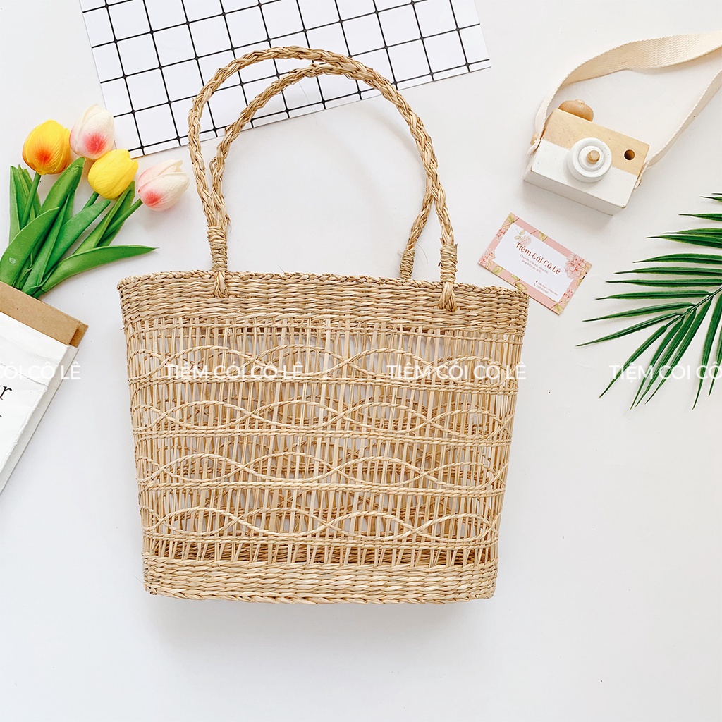 Làn cói đan thưa lượn sóng nơ ren cầm tay đi biển, chụp ảnh xinh xắn - Tiệm Cói Cô Lê