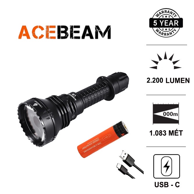 Đèn pin chiếu xa ACEBEAM L19 V2 TRẮNG độ sáng 2200 lumen chiếu xa 1083m LED SFT40 kèm pin sạc 21700
