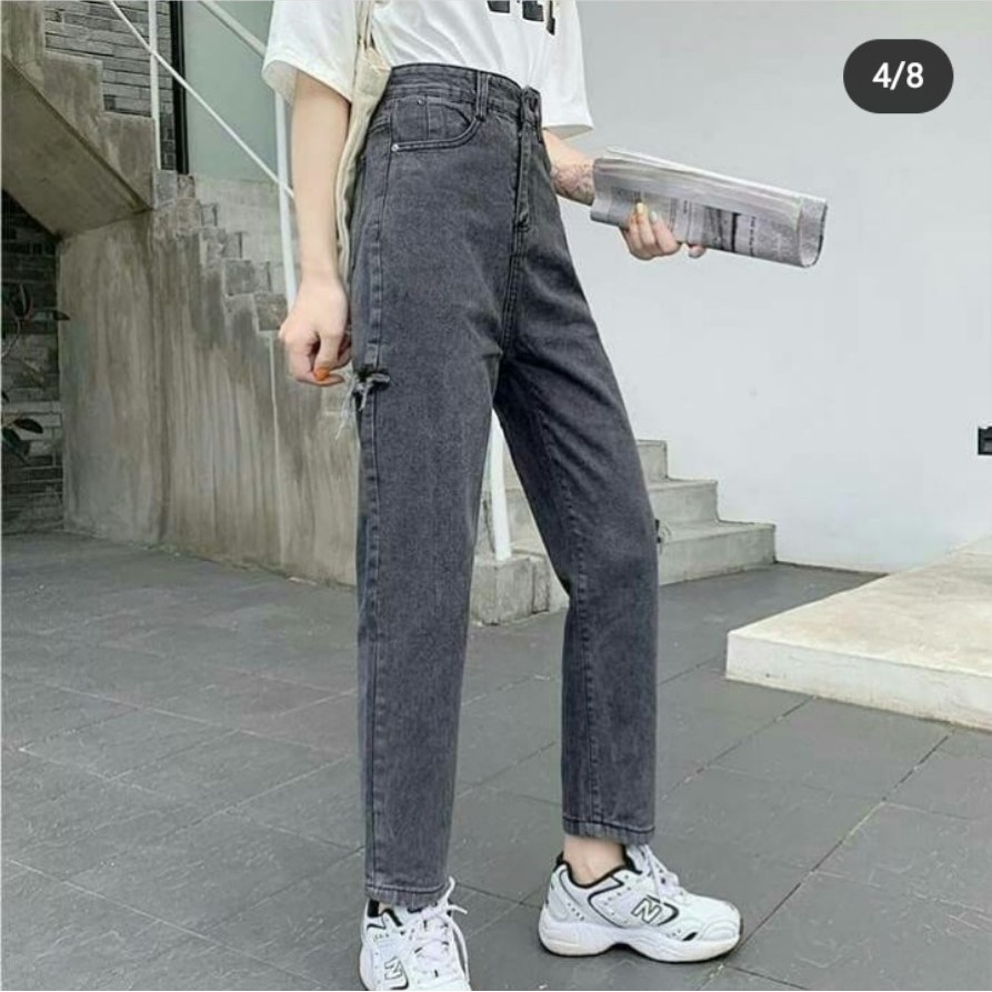 Quần Jeans Nữ Dáng Baggy Họa Tiết Trơn Chất Liệu Vải Bò Denim Không Giãn Cạp Cao Màu Xám Rách 2 Be Lệch-NITIQC