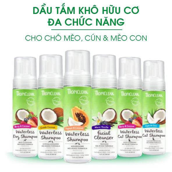 Dầu Tắm Khô Hữu Cơ Tropiclean Organic Waterless Shampoo 220ml