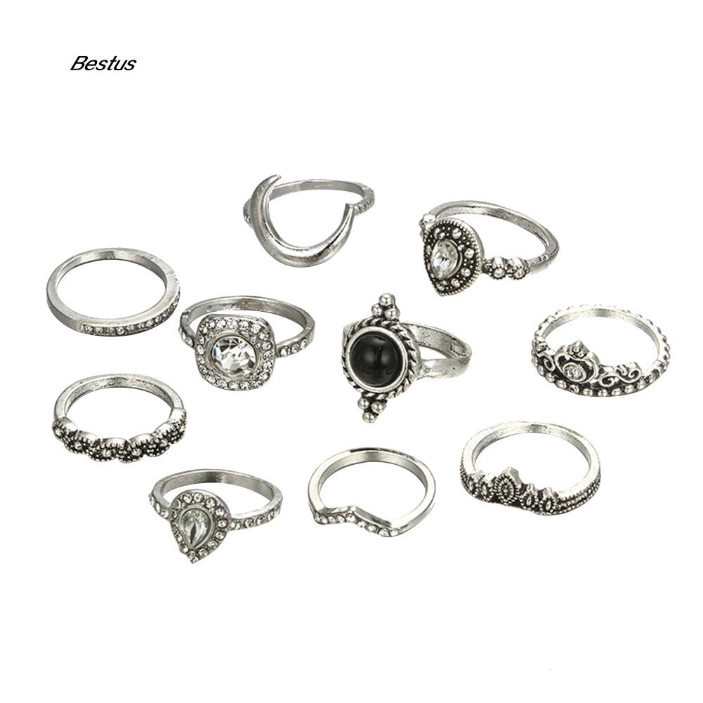 Bộ Gồm 10 Nhẫn Hợp Kim Đính Đá Nhân Tạo Thời Trang Dành Cho Nữ